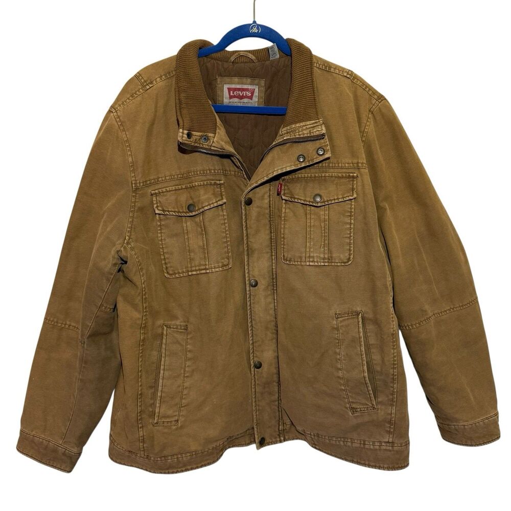 Y2K Levis Mens XXL Brown Canvas Field Jacket Quilted Lined Utility Trucker Zip